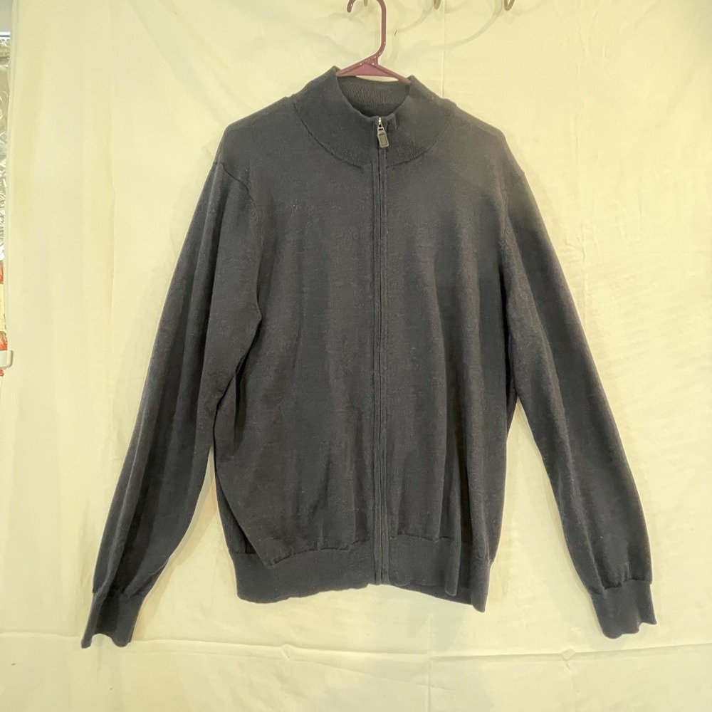 Joseph Abboud Sweater Mens XL Blue Full Zip Mock‎ Neck Merino Wool Knit Pockets